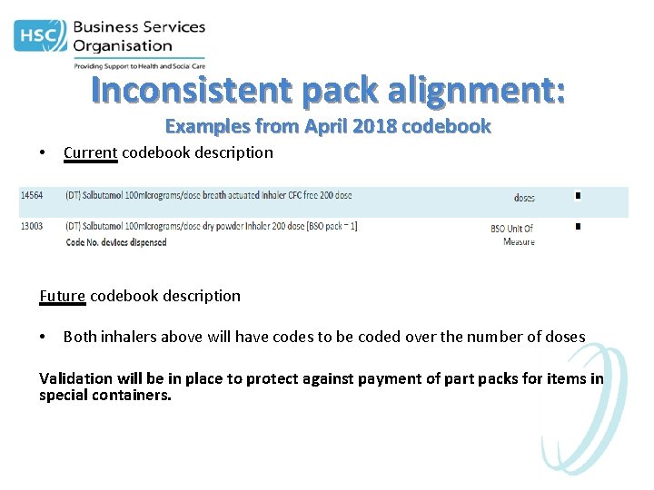 Inconsistent pack alignment: Examples from April 2018 codebook • Current codebook description Future codebook