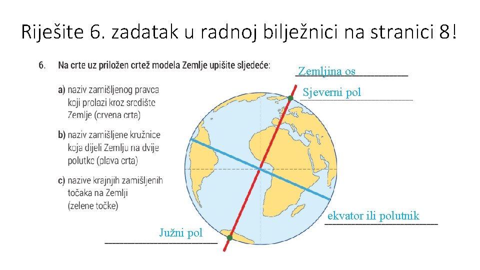 Riješite 6. zadatak u radnoj bilježnici na stranici 8! Zemljina os Sjeverni pol ekvator Riješite 6. zadatak u radnoj bilježnici na stranici 8! Zemljina os Sjeverni pol ekvator
