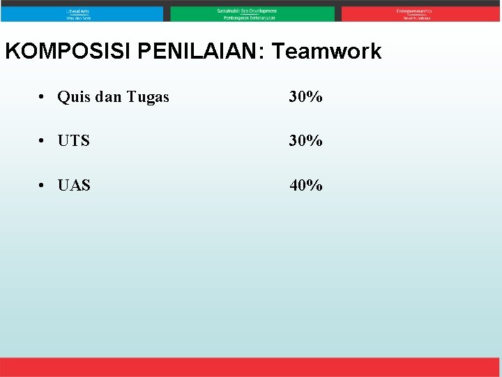 KOMPOSISI PENILAIAN: Teamwork • Quis dan Tugas 30% • UTS 30% • UAS 40%