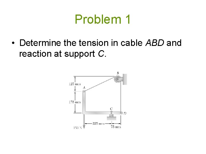 Problem 1 • Determine the tension in cable ABD and reaction at support C.