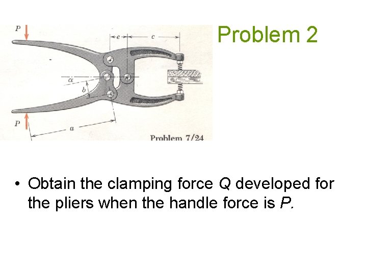 Problem 2 • Obtain the clamping force Q developed for the pliers when the