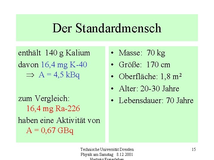 Der Standardmensch enthält 140 g Kalium davon 16, 4 mg K-40 A = 4,