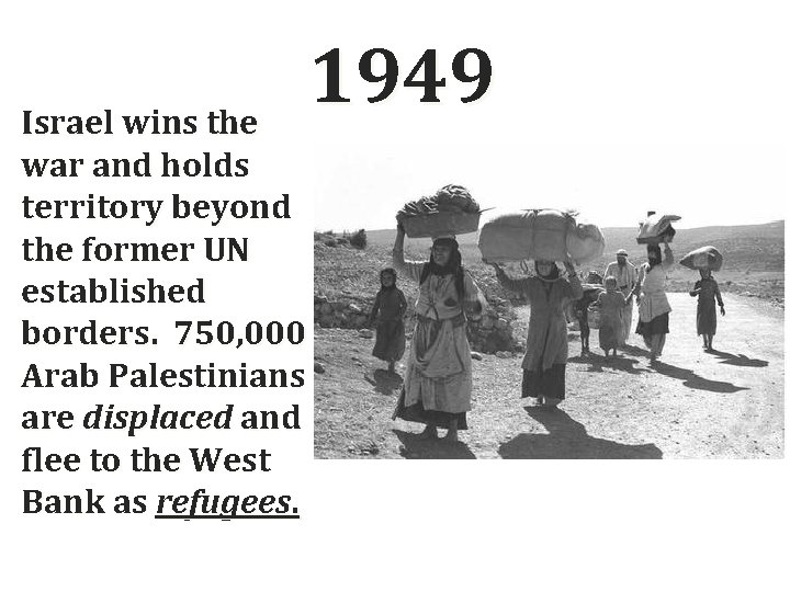 Israel wins the war and holds territory beyond the former UN established borders. 750,