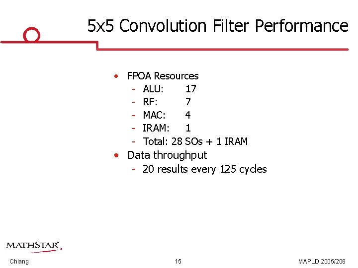 5 x 5 Convolution Filter Performance • FPOA Resources ALU: 17 RF: 7 MAC: