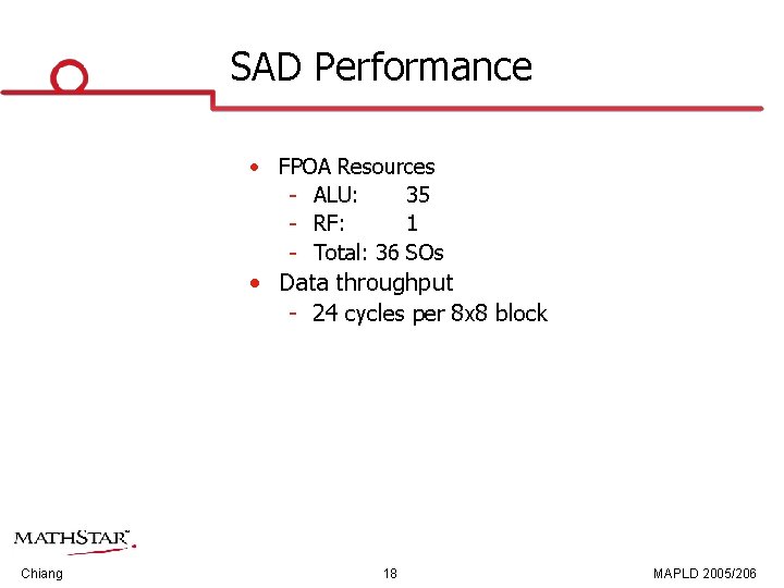 SAD Performance • FPOA Resources ALU: 35 RF: 1 Total: 36 SOs • Data