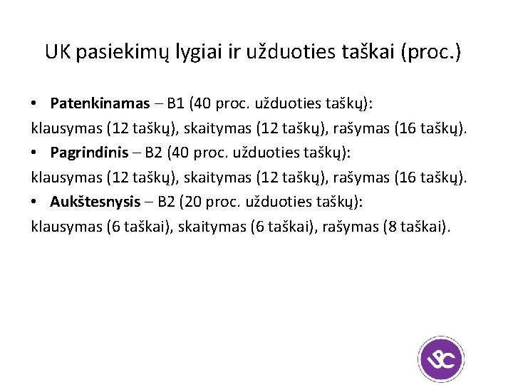 UK pasiekimų lygiai ir užduoties taškai (proc. ) • Patenkinamas – B 1 (40