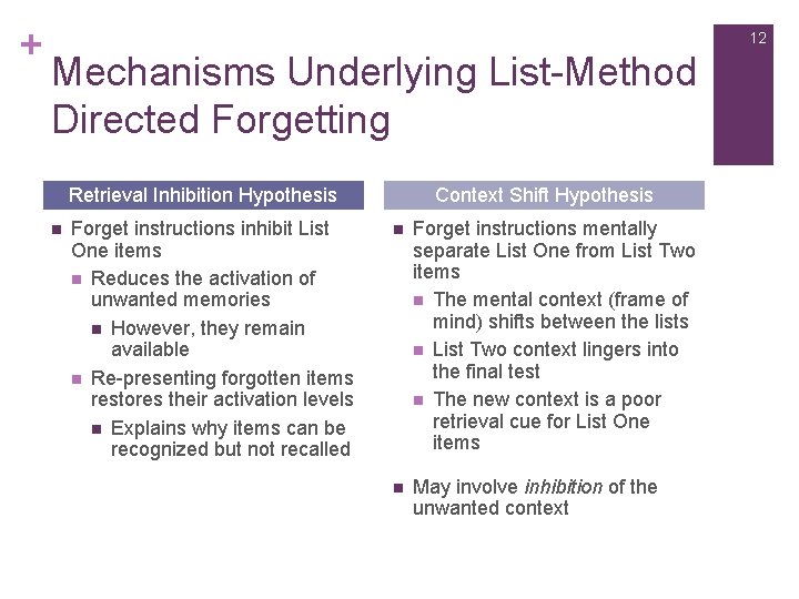 + 12 Mechanisms Underlying List-Method Directed Forgetting Retrieval Inhibition Hypothesis n Forget instructions inhibit