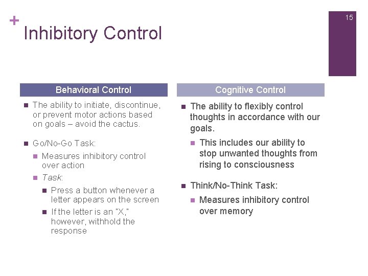 + 15 Inhibitory Control Behavioral Control n The ability to initiate, discontinue, or prevent