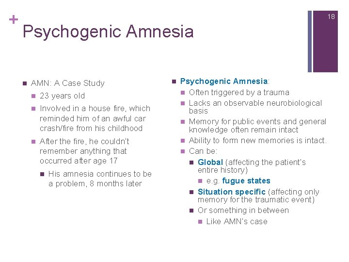 + 18 Psychogenic Amnesia n AMN: A Case Study n 23 years old n