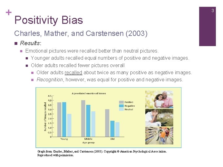 + 3 Positivity Bias Charles, Mather, and Carstensen (2003) n Results: n Emotional pictures