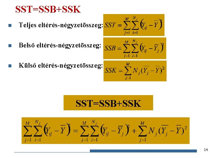 SST=SSB+SSK n Teljes eltérés-négyzetösszeg: n Belső eltérés-négyzetösszeg: n Külső eltérés-négyzetösszeg: SST=SSB+SSK 14 Gazdaságstatisztika, 2015