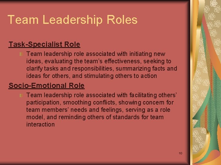 Team Leadership Roles Task-Specialist Role Team leadership role associated with initiating new ideas, evaluating