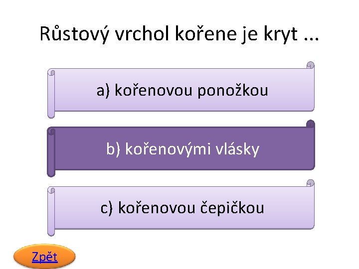 Růstový vrchol kořene je kryt. . . a) kořenovou ponožkou b) kořenovými vlásky c)