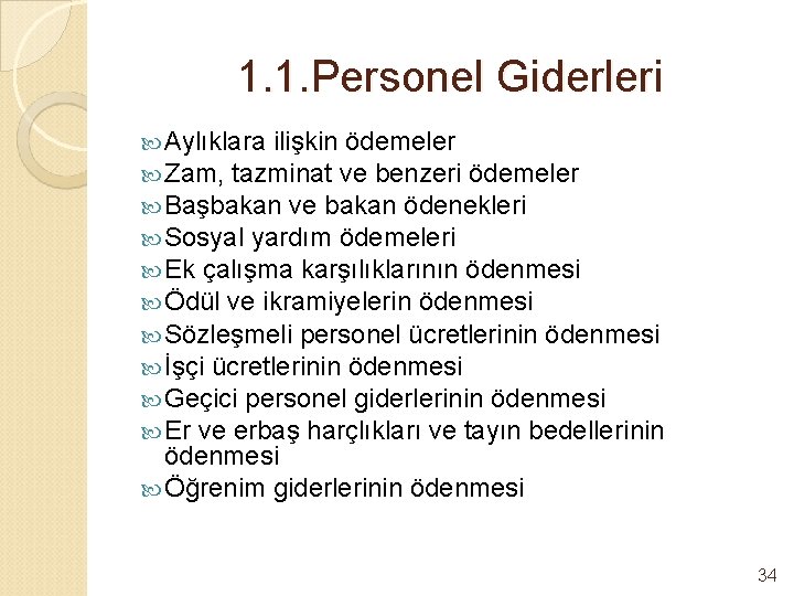 1. 1. Personel Giderleri Aylıklara ilişkin ödemeler Zam, tazminat ve benzeri ödemeler Başbakan ve