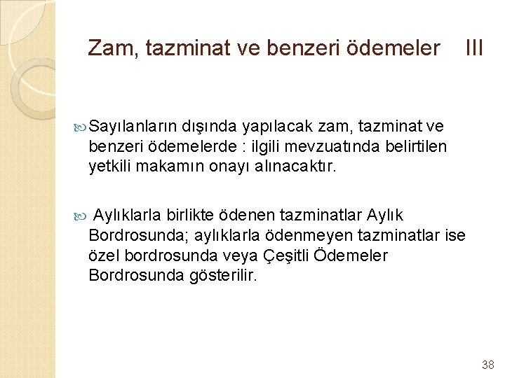 Zam, tazminat ve benzeri ödemeler III Sayılanların dışında yapılacak zam, tazminat ve benzeri ödemelerde