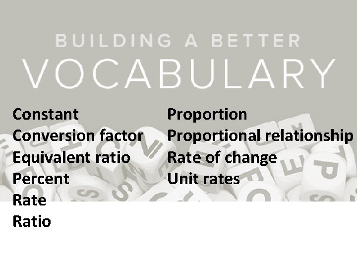 Constant Conversion factor Equivalent ratio Percent Rate Ratio Proportional relationship Rate of change Unit