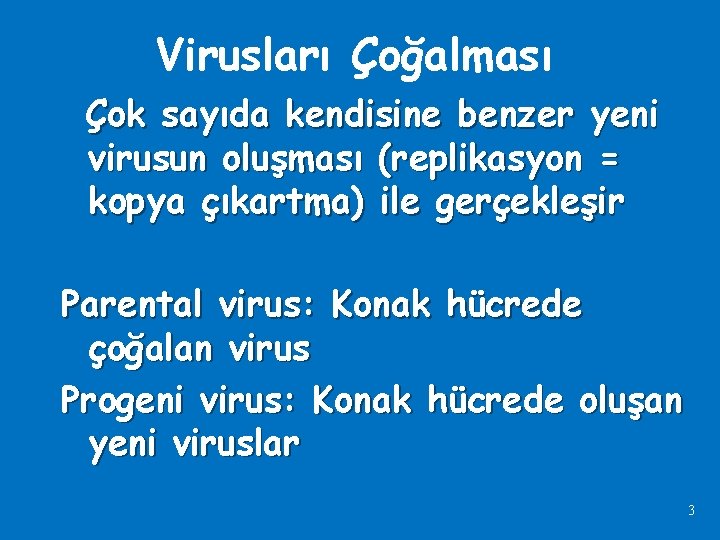 Virusları Çoğalması Çok sayıda kendisine benzer yeni virusun oluşması (replikasyon = kopya çıkartma) ile