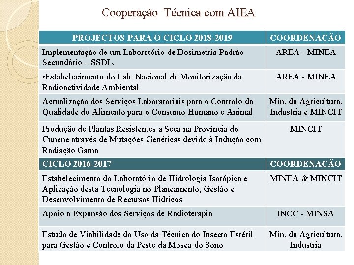 Cooperação Técnica com AIEA PROJECTOS PARA O CICLO 2018 -2019 COORDENAÇÃO Implementação de um