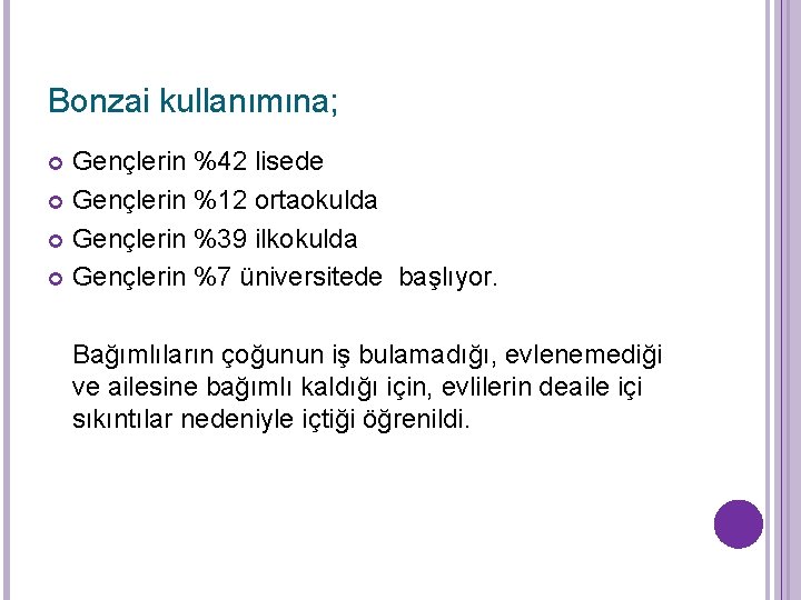 Bonzai kullanımına; Gençlerin %42 lisede Gençlerin %12 ortaokulda Gençlerin %39 ilkokulda Gençlerin %7 üniversitede