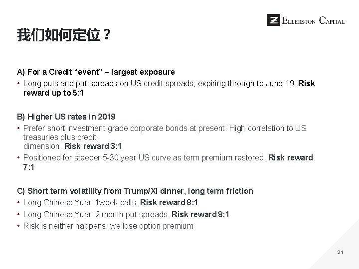 我们如何定位？ A) For a Credit “event” – largest exposure • Long puts and put