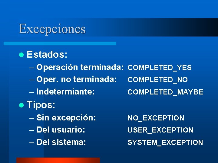 Excepciones l Estados: – Operación terminada: COMPLETED_YES – Oper. no terminada: COMPLETED_NO – Indetermiante: