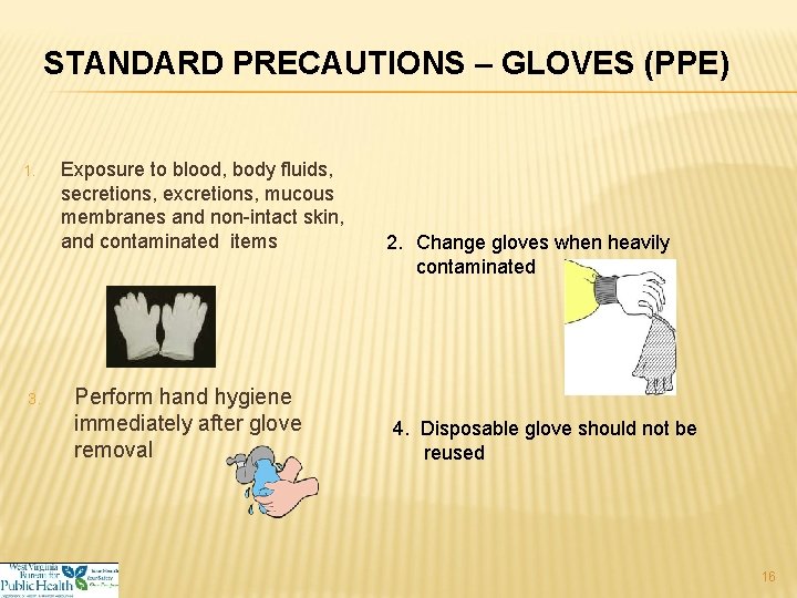 STANDARD PRECAUTIONS – GLOVES (PPE) 1. 3. Exposure to blood, body fluids, secretions, excretions,