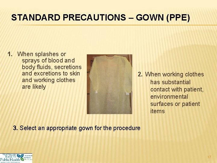 STANDARD PRECAUTIONS – GOWN (PPE) 1. When splashes or sprays of blood and body