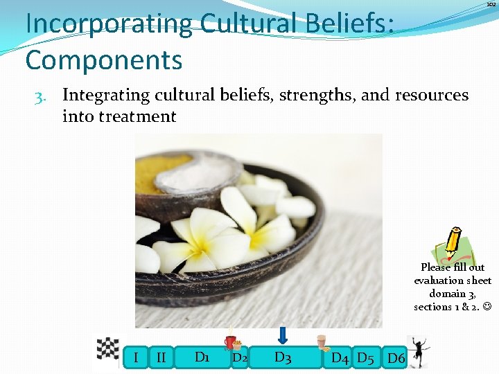 102 Incorporating Cultural Beliefs: Components 3. Integrating cultural beliefs, strengths, and resources into treatment