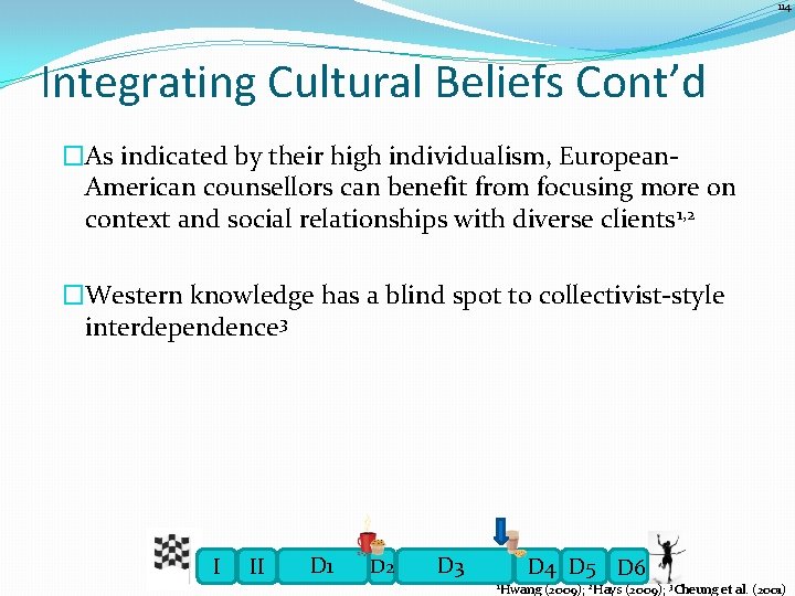 114 Integrating Cultural Beliefs Cont’d �As indicated by their high individualism, European. American counsellors
