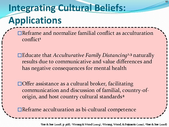 Integrating Cultural Beliefs: Applications 117 �Reframe and normalize familial conflict as acculturation conflict 1