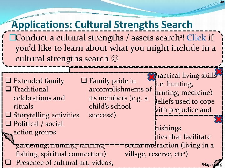 120 Applications: Cultural Strengths Search �Conduct a cultural strengths / assets search 1! Click