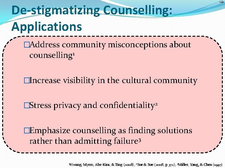 De-stigmatizing Counselling: Applications 122 �Address community misconceptions about counselling 1 �Increase visibility in the