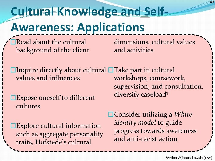128 Cultural Knowledge and Self. Awareness: Applications �Read about the cultural background of the