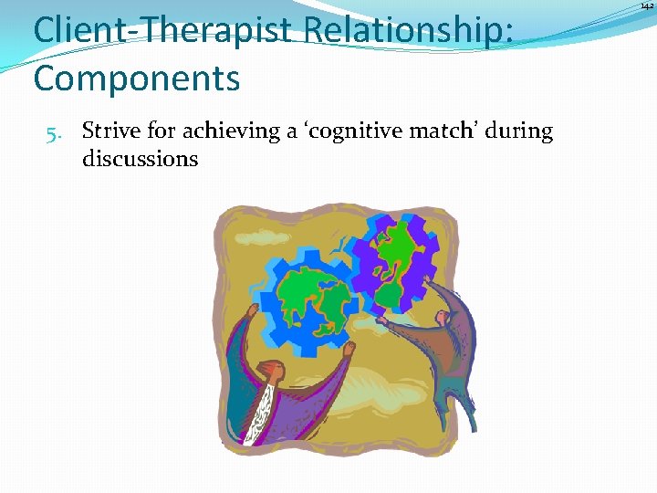 Client-Therapist Relationship: Components 5. Strive for achieving a ‘cognitive match’ during discussions 142 