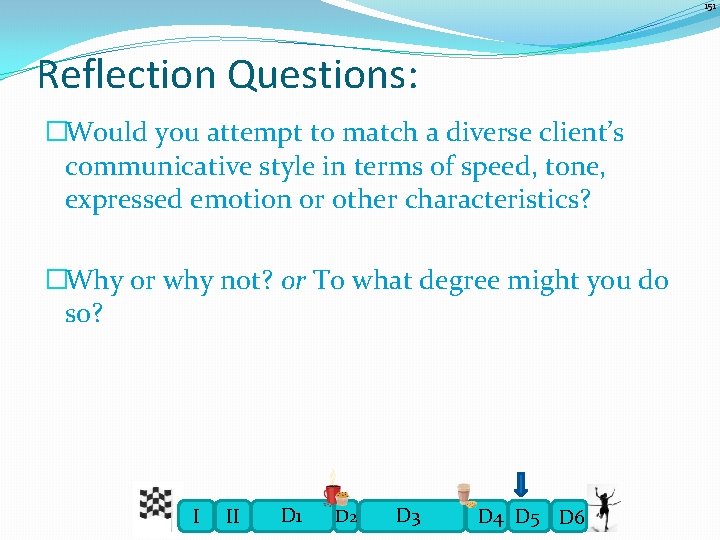 151 Reflection Questions: �Would you attempt to match a diverse client’s communicative style in