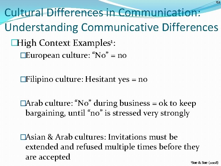 153 Cultural Differences in Communication: Understanding Communicative Differences �High Context Examples 1: �European culture: