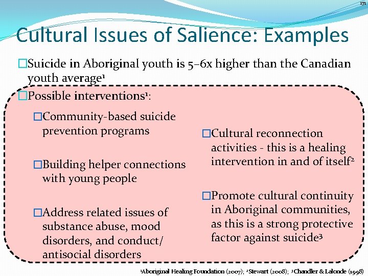 171 Cultural Issues of Salience: Examples �Suicide in Aboriginal youth is 5– 6 x