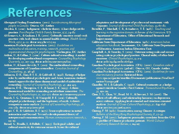 183 References Aboriginal Healing Foundation. (2007). Suicide among Aboriginal people in Canada. Ottawa, ON:
