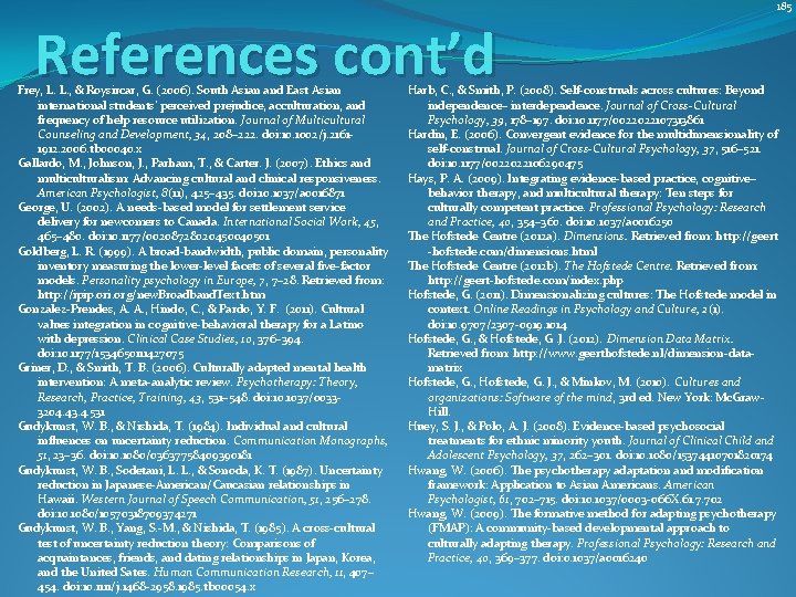 185 References cont’d Frey, L. L. , & Roysircar, G. (2006). South Asian and