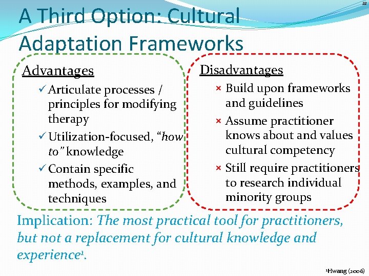 22 A Third Option: Cultural Adaptation Frameworks Advantages ü Articulate processes / principles for