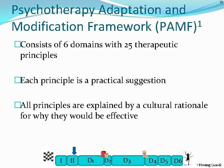 Psychotherapy Adaptation and Modification Framework (PAMF)1 25 �Consists of 6 domains with 25 therapeutic