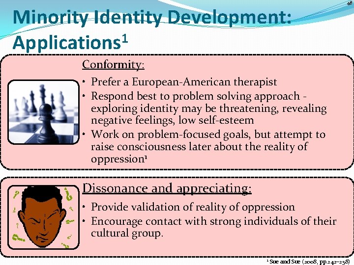 Minority Identity Development: Applications 1 48 Conformity: • Prefer a European-American therapist • Respond