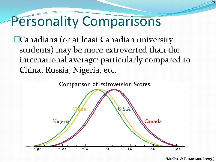 59 Personality Comparisons �Canadians (or at least Canadian university students) may be more extroverted