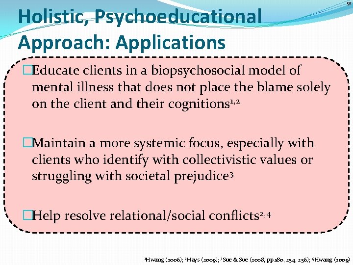 Holistic, Psychoeducational Approach: Applications 91 �Educate clients in a biopsychosocial model of mental illness