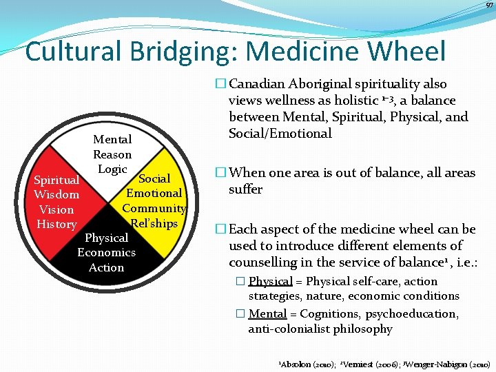 97 Cultural Bridging: Medicine Wheel Mental Reason Logic Social Emotional Community Rel’ships Physical Economics