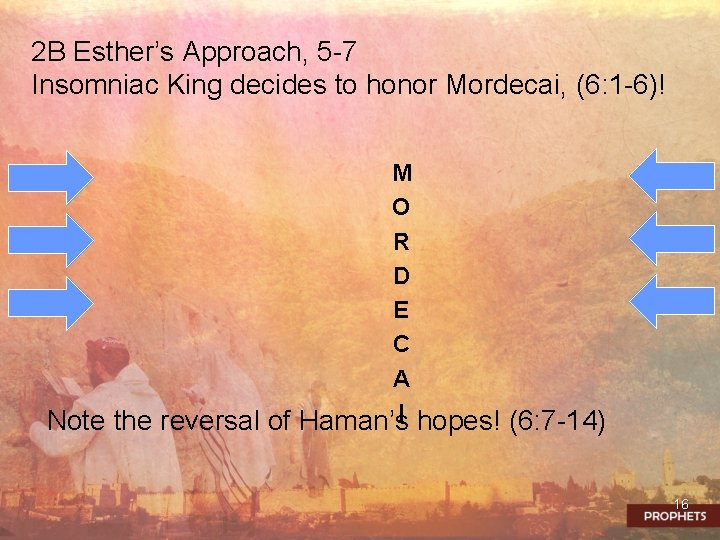 2 B Esther’s Approach, 5 -7 Insomniac King decides to honor Mordecai, (6: 1