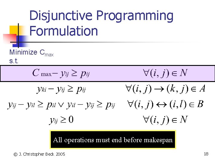 Disjunctive Programming Formulation Minimize Cmax s. t. All operations must end before makespan ©