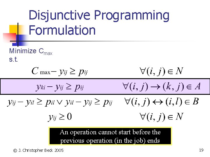 Disjunctive Programming Formulation Minimize Cmax s. t. An operation cannot start before the previous