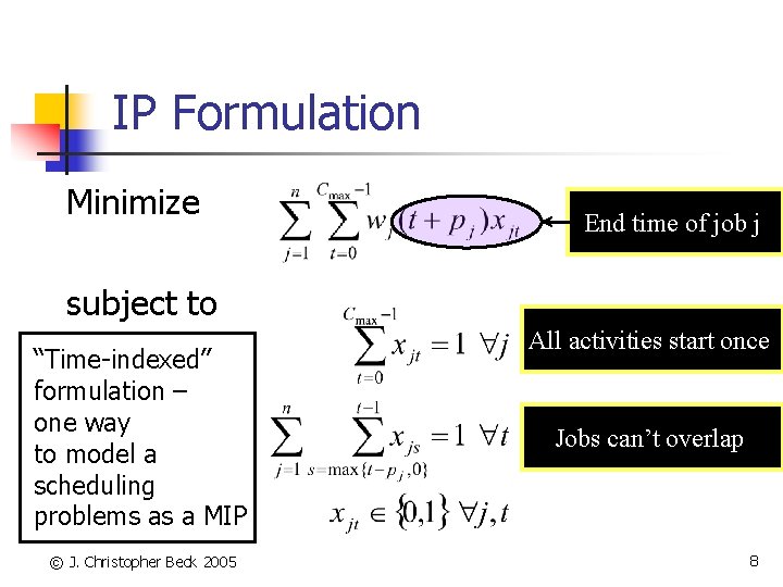 IP Formulation Minimize End time of job j subject to “Time-indexed” formulation – one