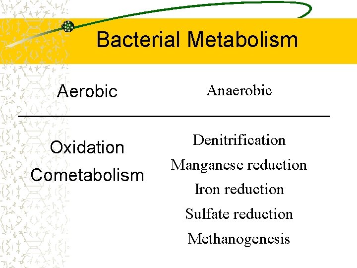 Bacterial Metabolism Aerobic Anaerobic Oxidation Denitrification Cometabolism Manganese reduction Iron reduction Sulfate reduction Methanogenesis